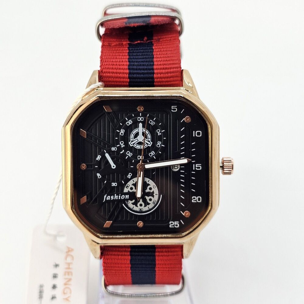 Men's Watch 42MM Black Dial Gold Case Date Indicator Red Blue Canvas Band Strap